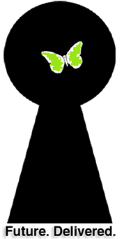 Keyhole with a butterfly flying in it and the words below: Future Delivered